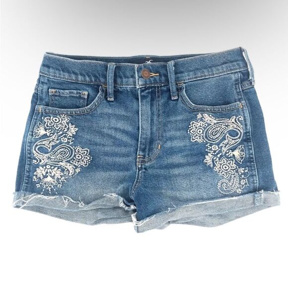 Hollister Jean Shorts Womens High Rise Embroidered Shorts Frayed Blue size 29